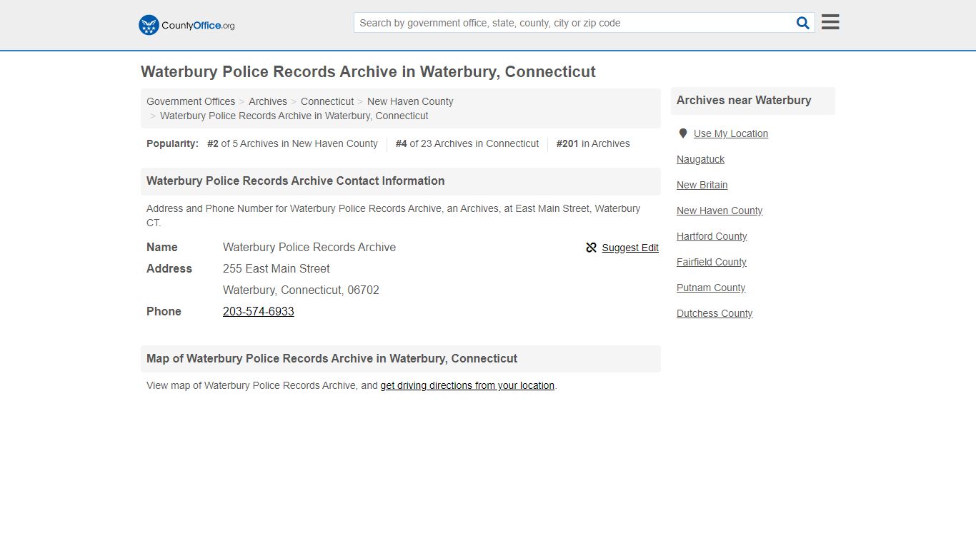 Waterbury Police Records Archive in Waterbury, Connecticut - County Office